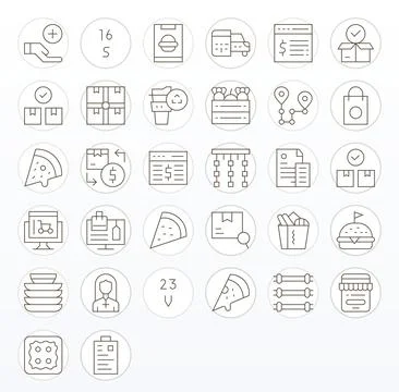 Order Vector Icon Set with 32 Thin Line Retina Ready Display Perfect Graphics Stock Illustration