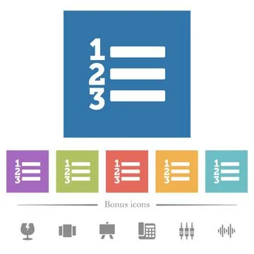 Ordered list flat white icons in square backgrounds Illustrazione stock