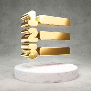 Ordered List icon. Shiny golden Lira symbol on white marble podium. Illustrazione stock