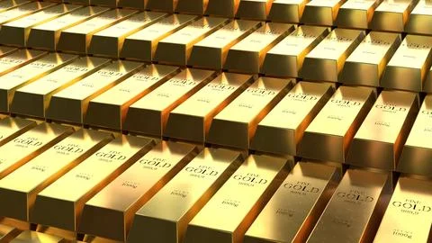 Ordered Rows of Gold Bullion Bars - 3d illustration Stock Illustration