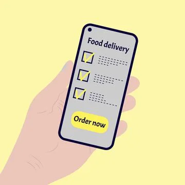 Ordering food using online mobile application. Ilustración de archivo