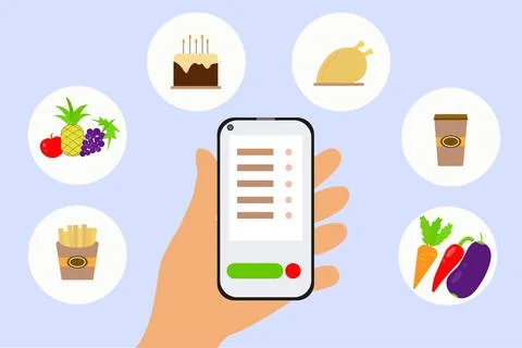 Ordering goods through the application. Vector, hand with phone, ordering goods Ilustração Stock