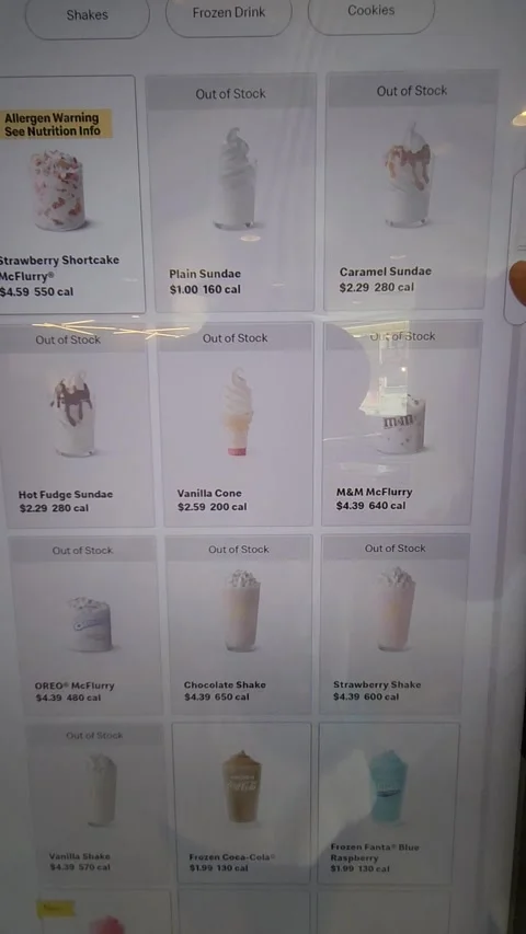 Ordering kiosk reveals broken ice cream machine broken at McDonald's Stock Footage 249112765