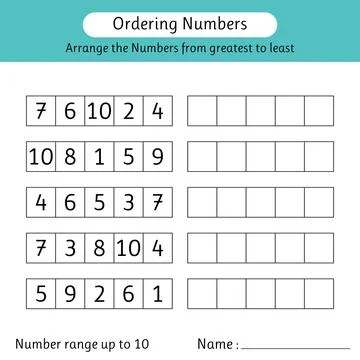 Ordering numbers worksheet. Arrange the numbers from greatest to least. Mat.. Stock Illustration