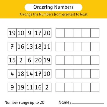 Ordering numbers worksheet. Arrange the numbers from greatest to least. Mat.. Stock Illustration