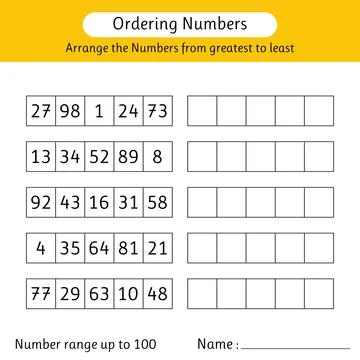 Ordering numbers worksheet. Arrange the numbers from greatest to least. Mat.. Stock Illustration