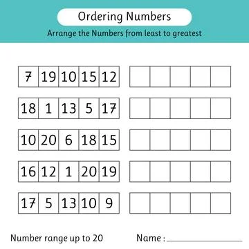 Ordering numbers worksheet. Arrange the numbers from least to greatest. Mat.. Stock Illustration
