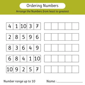 Ordering numbers worksheet. Arrange the numbers from least to greatest. Mat.. Stock Illustration