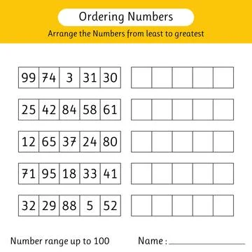 Ordering numbers worksheet. Arrange the numbers from least to greatest. Mat.. Stock Illustration