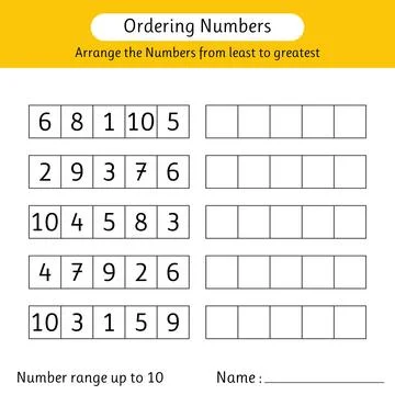 Ordering numbers worksheet. Arrange the numbers from least to greatest. Num.. Stock Illustration