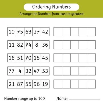 Ordering numbers worksheet. Arrange the numbers from least to greatest. Num.. Stock Illustration