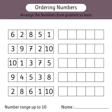Ordering numbers worksheet. Arrange the numbers from greatest to least. Mat.. Stock Illustration