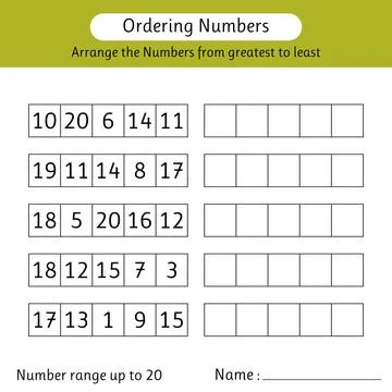 Ordering numbers worksheet. Arrange the numbers from greatest to least. Mat.. Stock Illustration