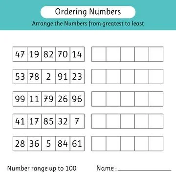 Ordering numbers worksheet. Arrange the numbers from greatest to least. Mat.. Stock Illustration