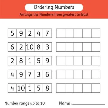 Ordering numbers worksheet. Arrange the numbers from greatest to least. Num.. Stock Illustration