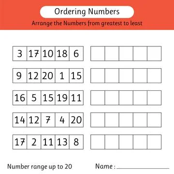 Ordering numbers worksheet. Arrange the numbers from greatest to least. Num.. Stock Illustration