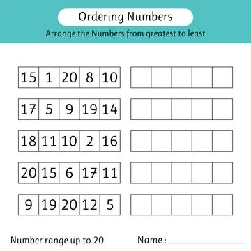 Ordering numbers worksheet. Arrange the numbers from greatest to least. Num.. Stock Illustration