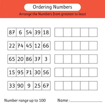 Ordering numbers worksheet. Arrange the numbers from greatest to least. Num.. Stock Illustration