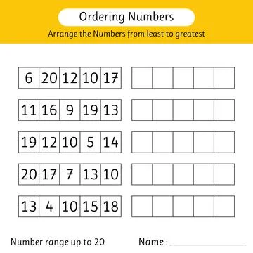 Ordering numbers worksheet. Arrange the numbers from least to greatest. Mat.. Stock Illustration