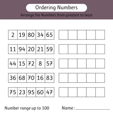 Ordering numbers worksheet. Arrange the numbers from greatest to least. Num.. Stock Illustration