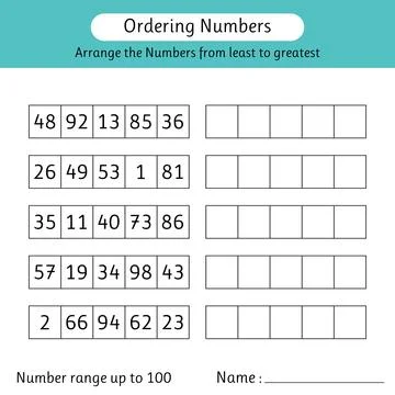 Ordering numbers worksheet. Arrange the numbers from least to greatest. Mat.. Stock Illustration