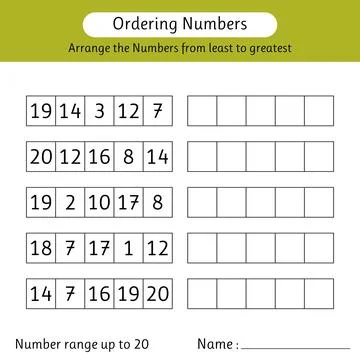 Ordering numbers worksheet. Arrange the numbers from least to greatest. Num.. Stock Illustration