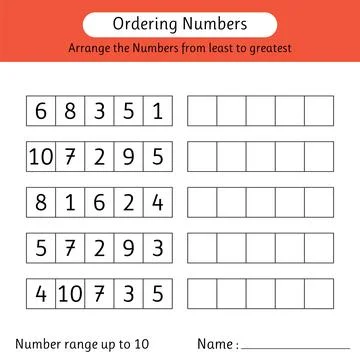 Ordering numbers worksheet. Arrange the numbers from least to greatest. Num.. Stock Illustration