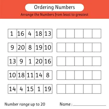 Ordering numbers worksheet. Arrange the numbers from least to greatest. Num.. Stock Illustration