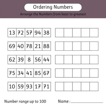 Ordering numbers worksheet. Number range up to 100. Arrange the numbers fro.. Stock Illustration
