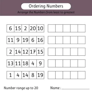 Ordering numbers worksheet. Number range up to 20. Arrange the numbers from.. Stock Illustration