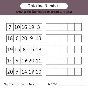Ordering numbers worksheet. Number range up to 20. Arrange the numbers from.. Stock Illustration
