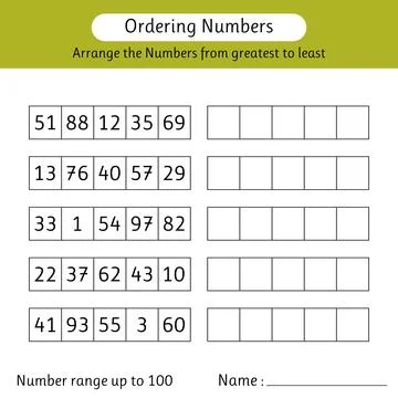 Ordering numbers worksheet. Number range up to 100. Arrange the numbers fro.. Stock Illustration