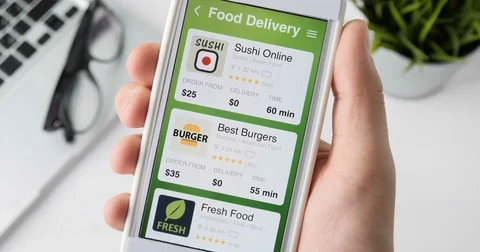 Ordering pizza using food delivery app on the smartphone Stock Footage