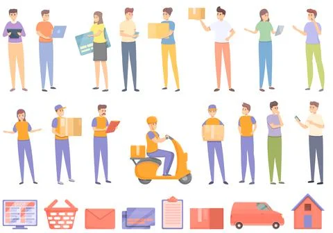 Ordering process icons set cartoon vector. Delivery box Illustrazione stock