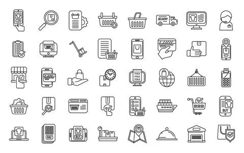 Ordering process icons set outline vector. Delivery box Illustrazione stock