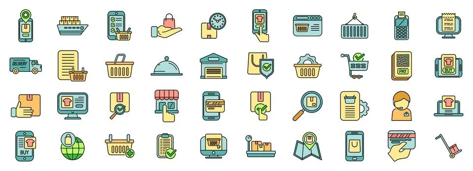 Ordering process icons set vector color line Illustrazione stock