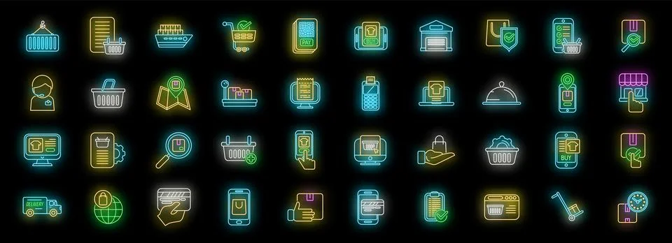 Ordering process icons set vector neon Illustrazione stock