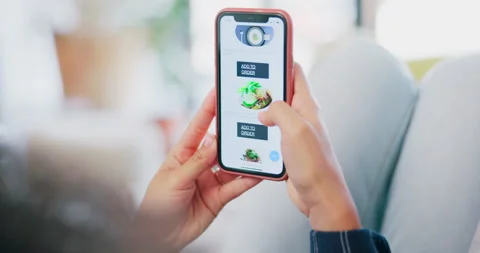 Ordering, scrolling and hands with a phone for food, decision and choice on a 스톡 동영상 235978000