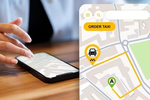 Ordering a taxi using a smartphone map application to navigate a city location Stockfoto's
