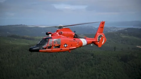 OREGON - 5.9.2025 - A US Coast Guard helicopter flies over an Oregon forest. Vídeo Stock 312863703