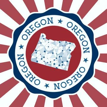 Oregon Badge. Round logo of us state with triangular mesh map and radial ra.. Stock Illustration