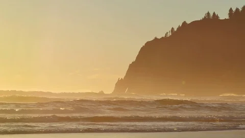 Oregon Coast Beach Cliffs Sunset Stock Footage 82702118