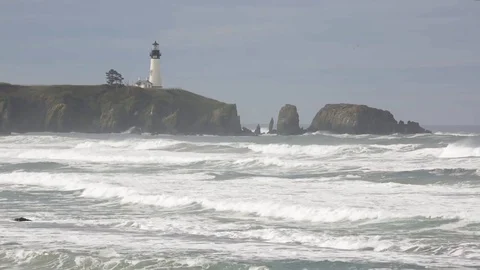 Oregon Coast Waves &amp; Lighthouse Stock Footage 81557333