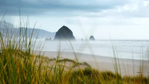Oregon coastline with famous Haystack Rock, Cannon Beach, Oregon, USA Stock Footage 108584918