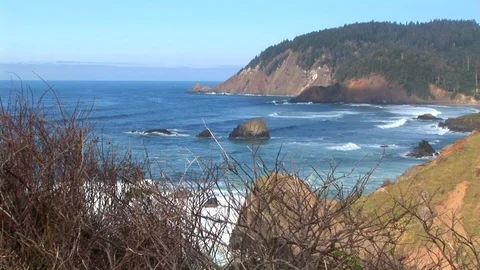 Oregon coastline with forested mountain in background Cannon Beach, Oregon USA Stock Footage 102187912