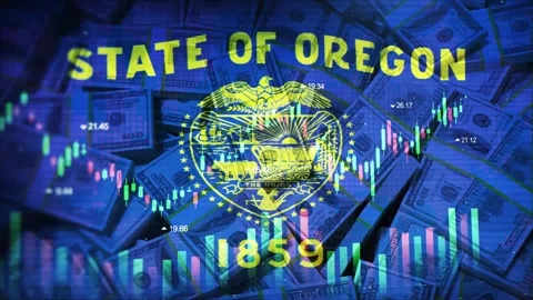 Oregon Flag on Economic Background With Decrease Bar Chart Graph And Arrow Stock Footage 320972025