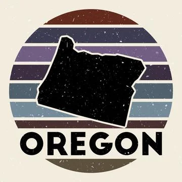 Oregon logo. Sign with the map of us state and colored stripes, vector illu.. Stock Illustration