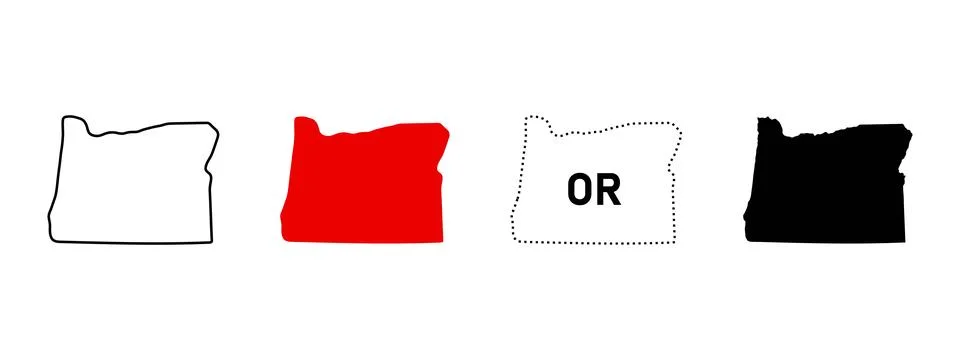 Oregon map icon set. Outline contour, red fill, OR dotted sign and black si.. Stock Illustration