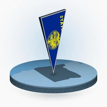 Oregon map in round isometric style with triangular 3D flag of US State Orego Stock Illustration