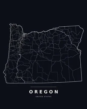 Oregon OR Map Counties Highways Roads Dark Mode Editable Vector Stock Illustration